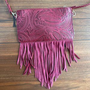 Free People - Tooled Vegan Leather Fringe Purse - Burgundy